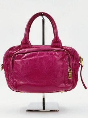 Prada Pink Leather Satchel Handbag Top Handle Gold Hardware Zip Pocket